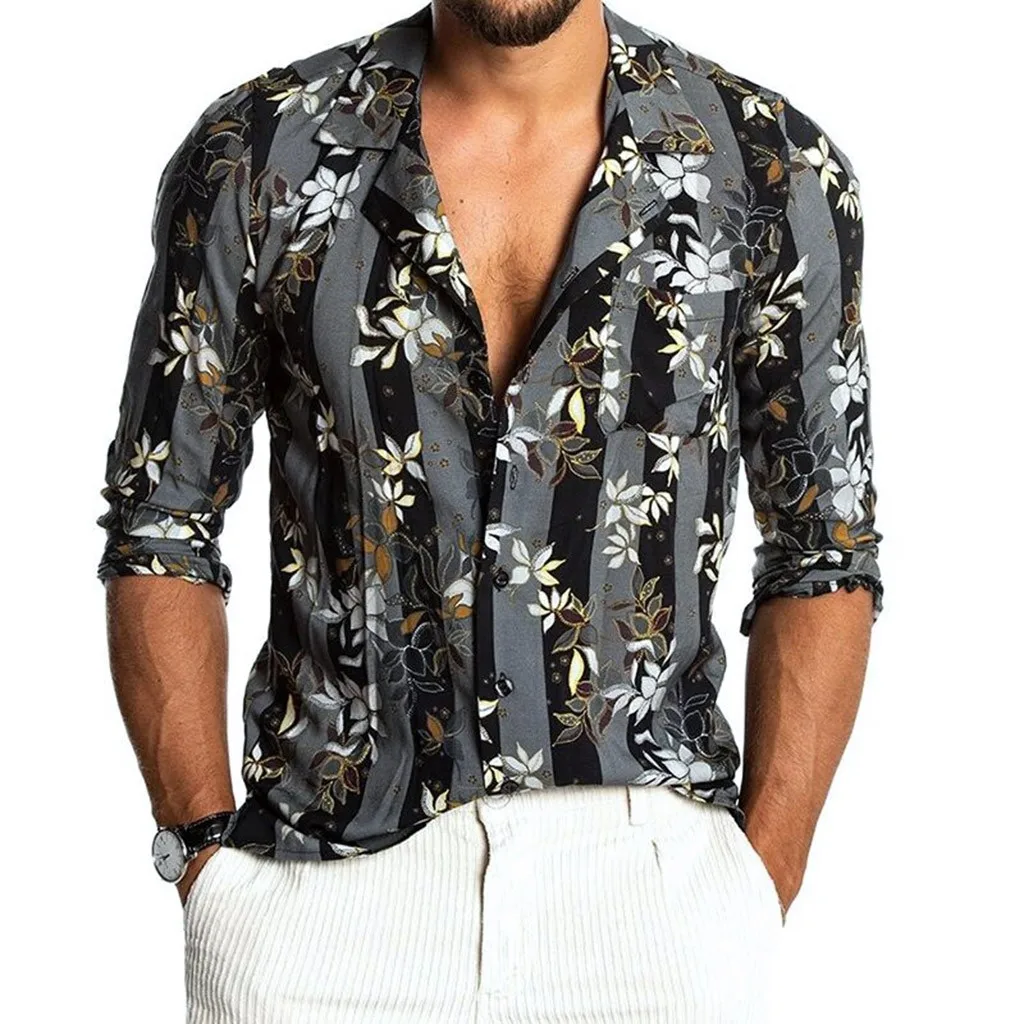

Beach Print Tops Long Down Turn Button Men's Sleeve T Shirts Retro Baggy Collar Long Sleeve Shirt Dress Button up Mens Shirt