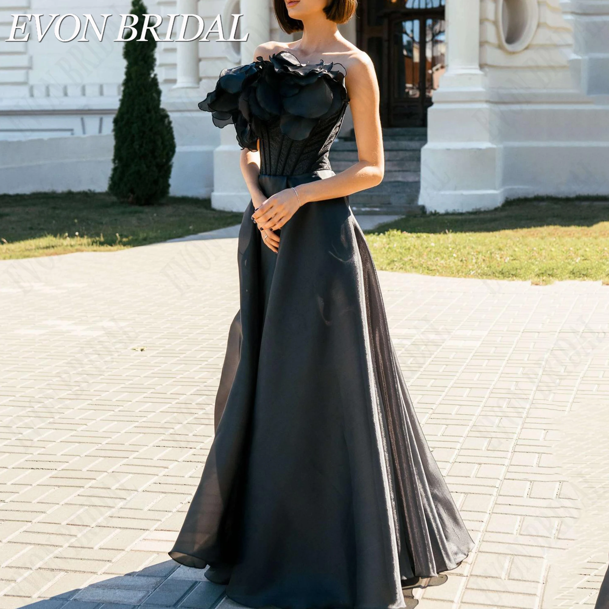 EVON BRIDAL Элегантное вечернее платье без бретелек корсет из органзы с объемными цветами для гостя свадьбы коллекция 2026 на заказ легкая воздушная силуэт объемные цветочные декоры полупрозрачная ткань с уникальной (art.: 3920db6fca6ec) - 3920db6fca6ec
