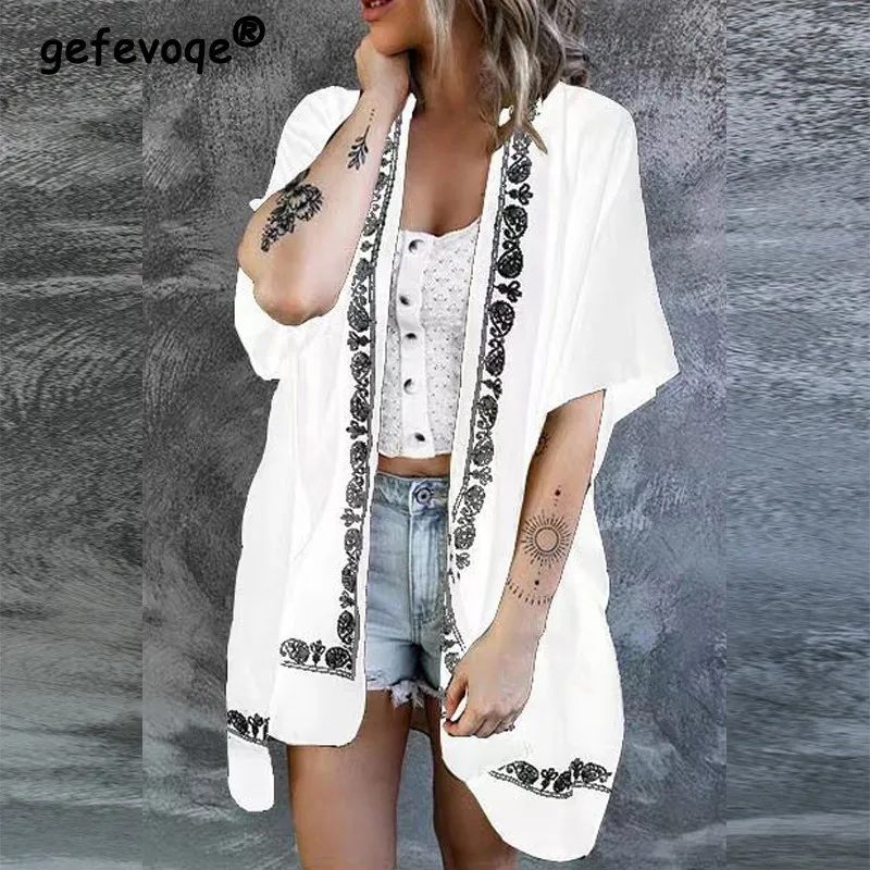 

2022 Summer Women Holiday Swimsuit Cover Up Half Bathing Sleeve Boho Beach Tunic Dress Vintage Printed Beachwear Chiffon Dresses