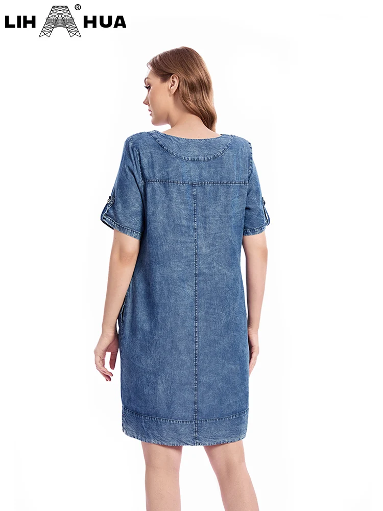 LIH HUA Women's Plus Size Denim Dress Autumn Chic Elegant Dresses For Chubby Women Cotton Woven Dress