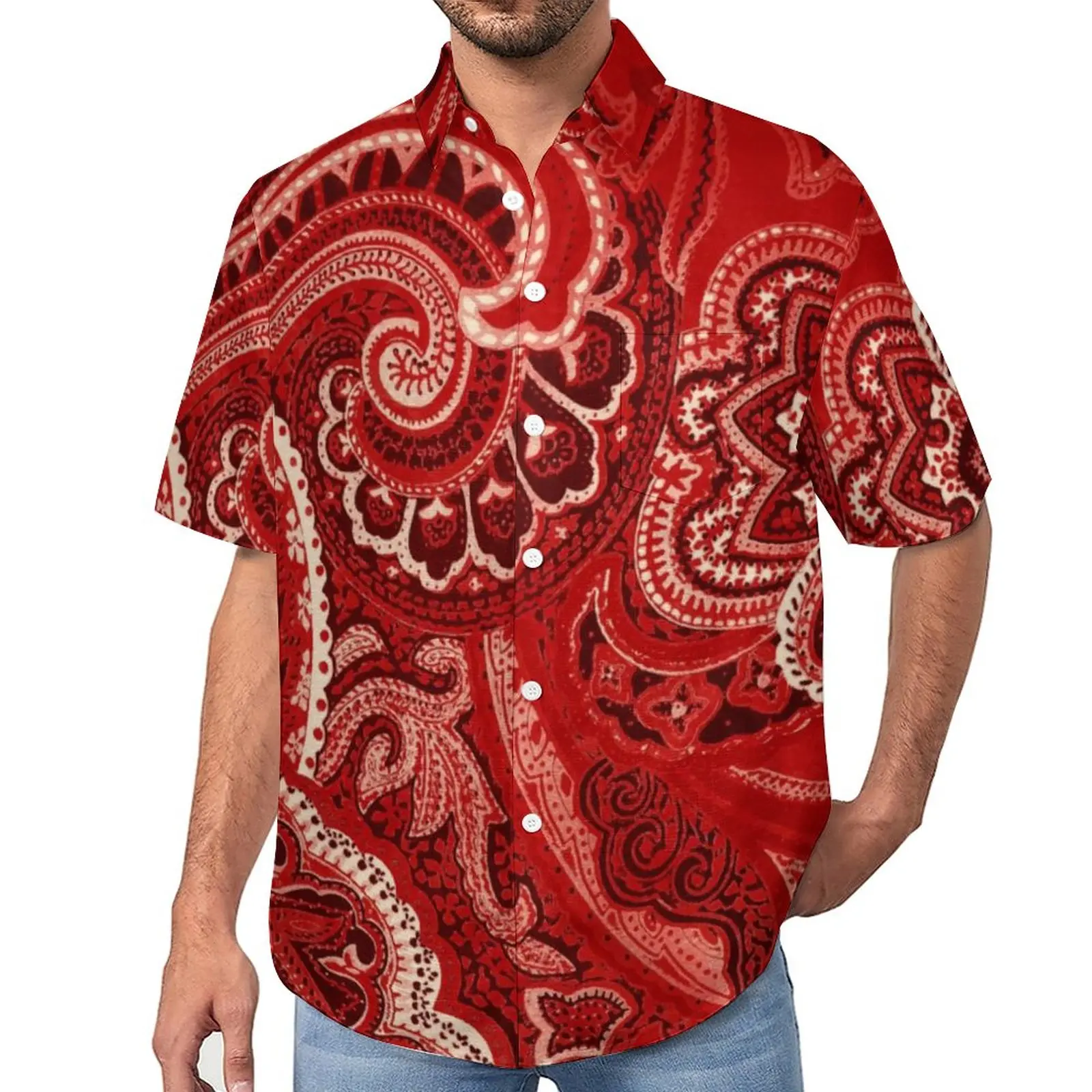 

Red Paisley Print Casual Shirt Abstract Floral Beach Loose Shirt Hawaii Trending Blouses Short Sleeve Graphic Oversized Clothing