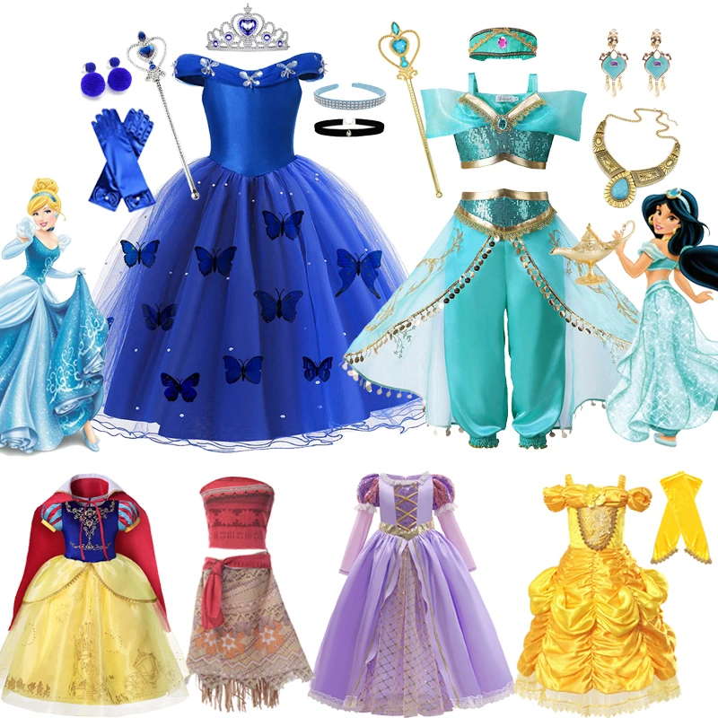 

Disney Cinderella Jasmine Moana Dress Girls Rapunzel Snow White Belle Princess Cosplay Costume For Kids Prom Party Charm Clothes