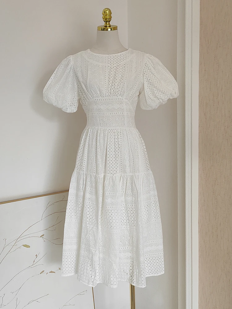 

2023 Summer New Trend Classic Light Mature Solid Color Bubble Sleeve Waist Long Dress Hollow out Embroidery Cotton Dress