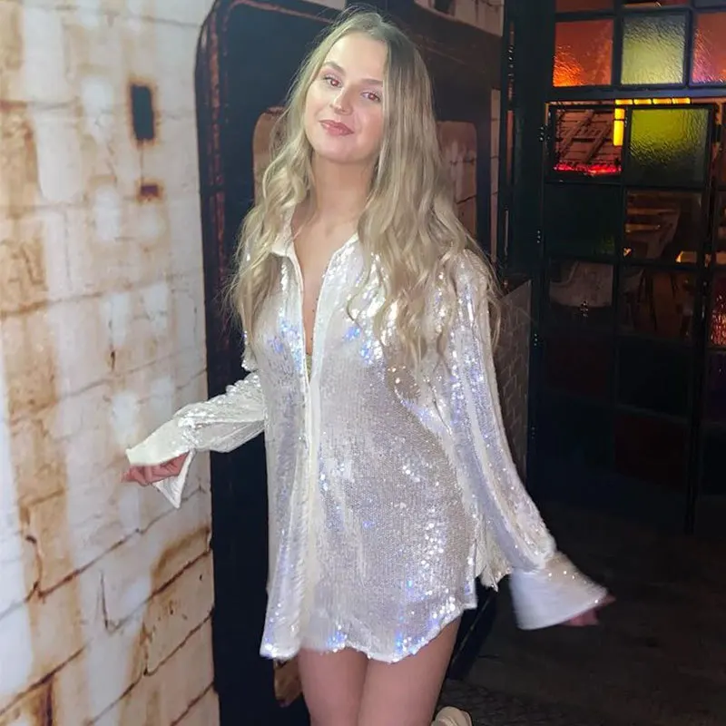 

Sequin Long Sleeve Top Women Shirts Blouses Club Party 2022 Spring New Fashion Streetwear Solid Loose Shiny Top Female Clothing