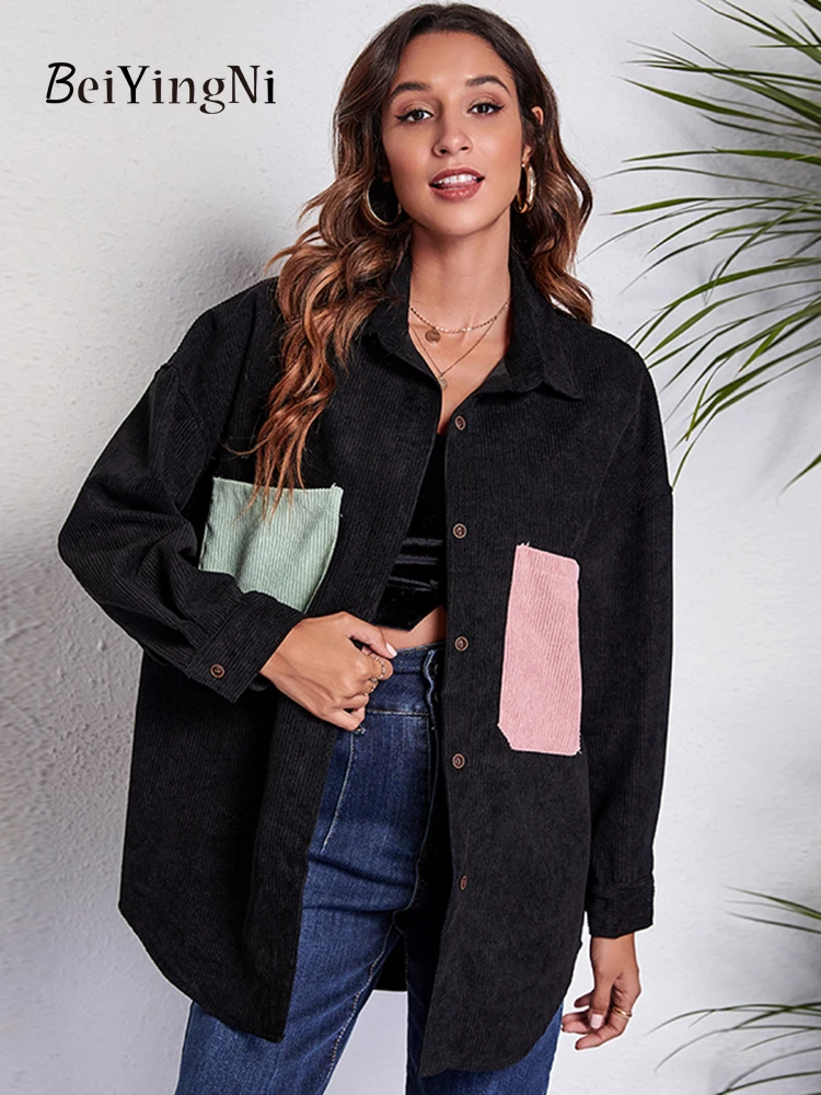 

Beiyingni Corduroy Loose Shirts Jackets Female Pockets Spell Color Patchwork Autumn Winter Women Coats Casual Vintage Streetwear