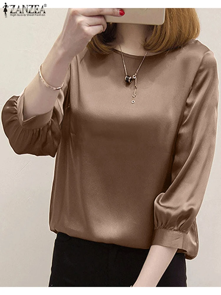 

ZANZEA Vintage 3/4 Sleeve O Neck Shirt 2022 Spring Solid Office Work Chemise Slim Korean Tunic Tops Women Casual Satin OL Blouse