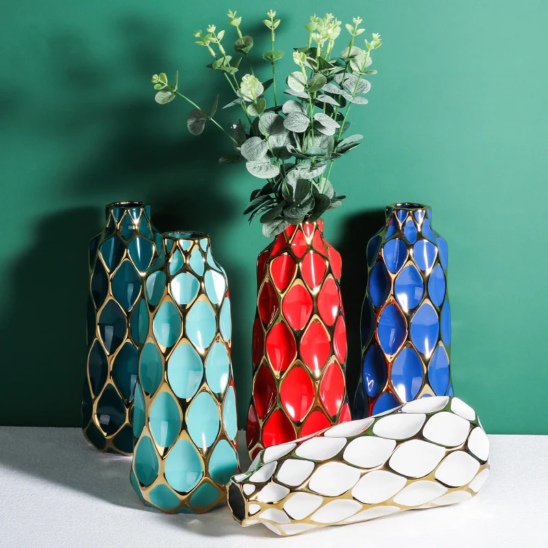 

Creative minimalist geometric grid ceramic vase Nordic style light luxury decoration hot room desktop flower ornaments