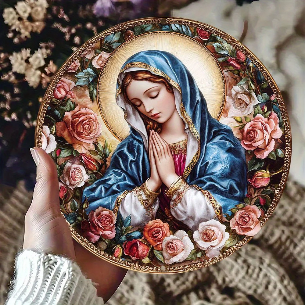 Вдохновляющий круглый алюминиевый металлический настенный рисунок Девы Марии с