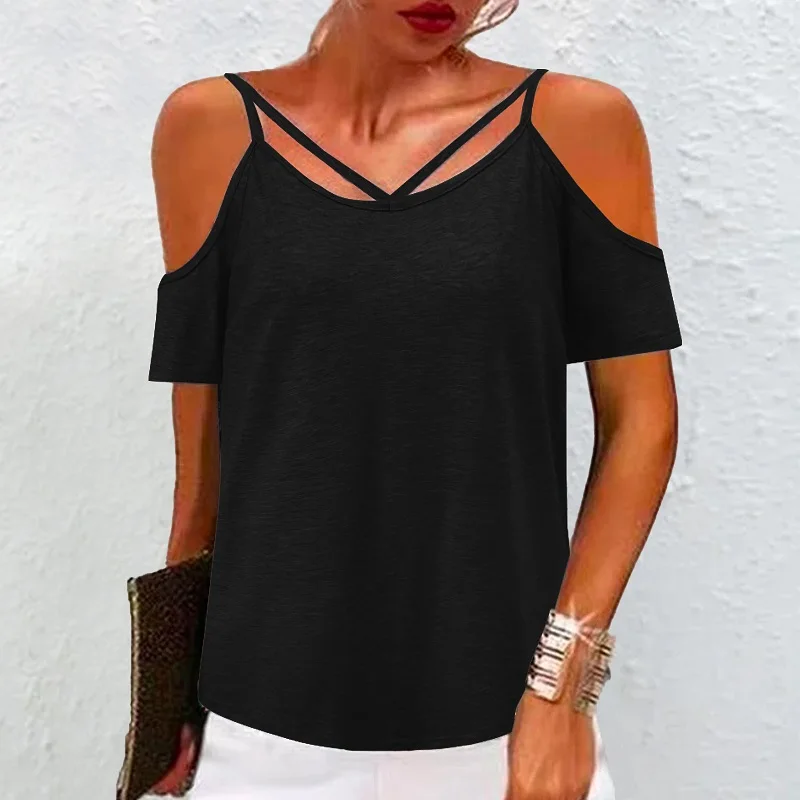 

COLSM KVSAZ 2022 Women's Summer New Loose Solid Color Sling Off Shoulder Top T-shirt TJ003