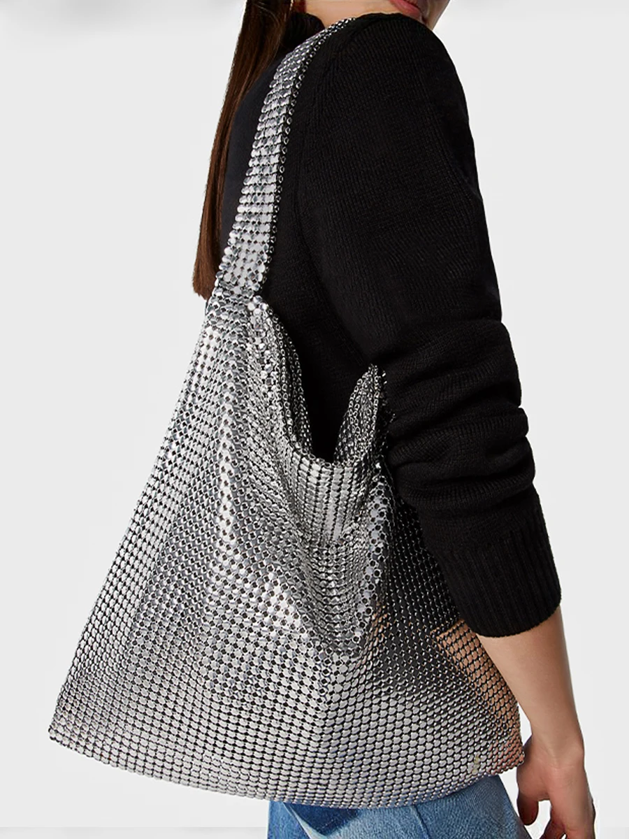 Fashion Metal Mesh Women Shoulder Bags Designer Silver Handbag Shinny Wide Strap Evening Bag Glitter Large Tote Party Purse 2023
