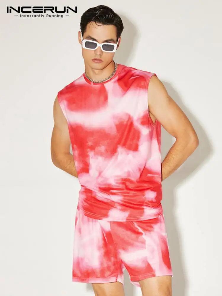 

INCERUN 2022 Stylish All-match New Men Waistcoat Tie-dye Sleeveless Shorts Suit Stylish Knitted Comfortable Two-piece Sets S-5XL
