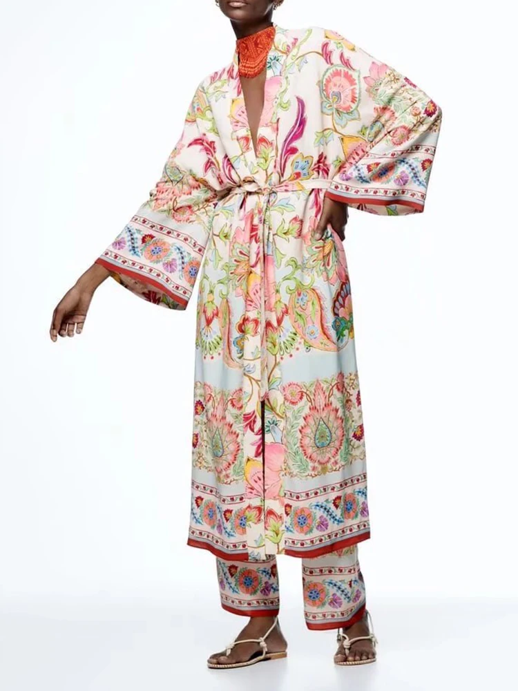 

Женские брюки с цветочным принтом KBAT 2022 в стиле бохо из 2 предметов, летние женские брюки со средней талией, пижама, Мешковатые повседневные ...