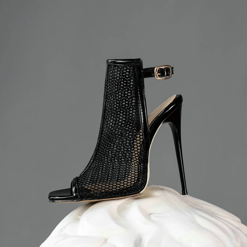 

Женские сетчатые ботильоны с открытым носком, черные или белые полусапожки на очень тонком высоком каблуке с пряжкой, обувь для вечеринки н...