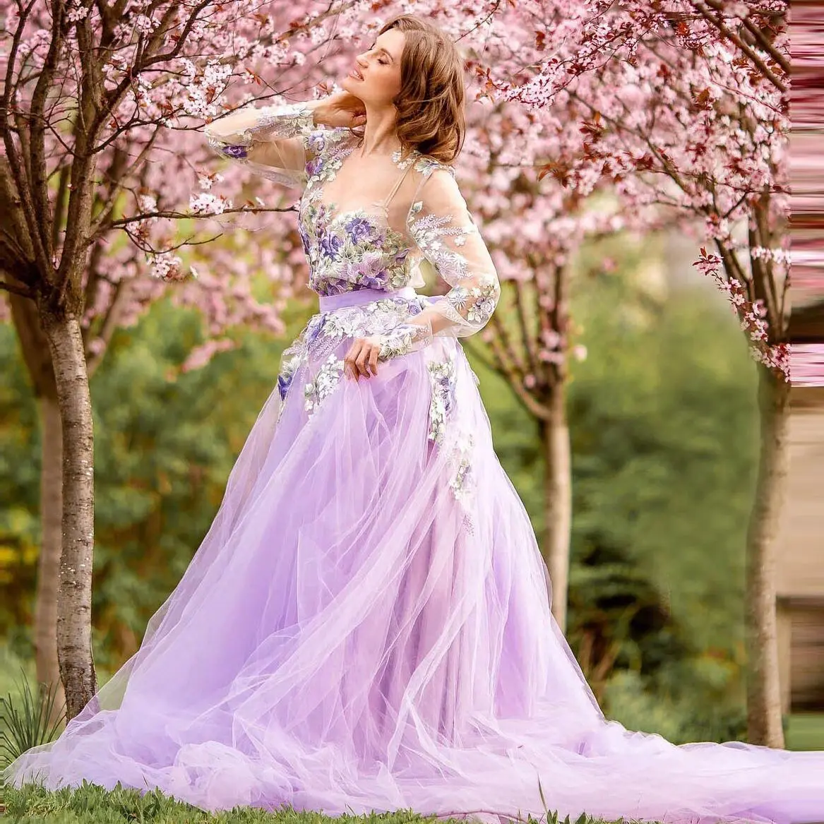 

Тюлевое платье лавандового светильник-фиолетовое платье для фотосессии, прозрачные вечерние Платья с цветочным принтом и шлейфом, платья для девочек с цветами