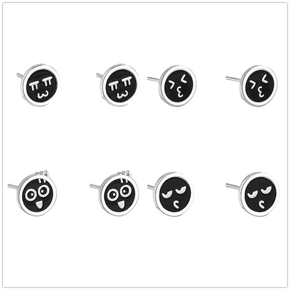 

New Women 925 Pure Silver Ear Nail Round Black Enamel Funny Expression European and American Fashion Jewelry Couple Gift