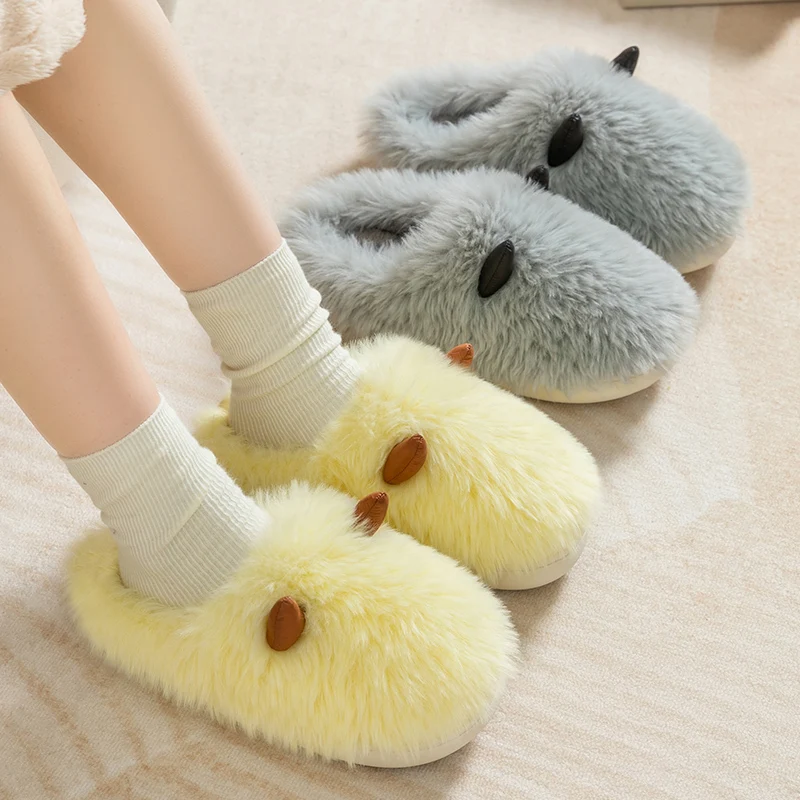 

House Slippers Platform Flock Low Room Shoes Winter Footwear Slides Slipers Women Fur Flip Flops Massage 2022 Plush Sewing PU Fa