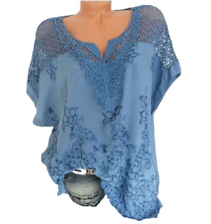 

High-quality cotton women's blouse 2023 new lace women's shirt tops V-neck embroidery short-sleeved casual loose women's shirt