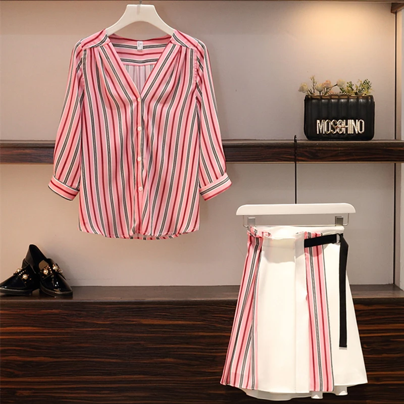 Женский костюм с юбкой большого размера новинка шифоновая рубашка в полоску во