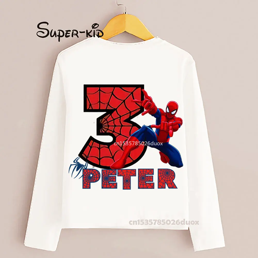 3 4 5 6 7 8 Year Spiderman Font Name Birthday Boy Long Sleeve T-shirt Kid MARVEL Spiderman Birthday Boy Fashion Bottoming Shirt