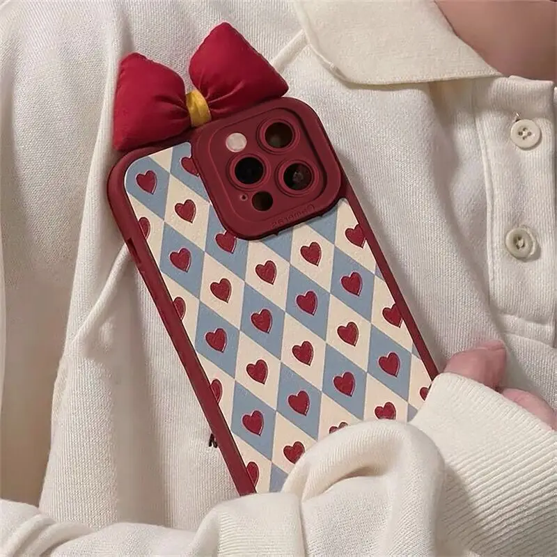 

lovely bow tie loveheart phone case for iphone 13 pro max 12 mini 11 shockproof cover for iphone 7 plus 8 xr xs max x 6s 6 se 2