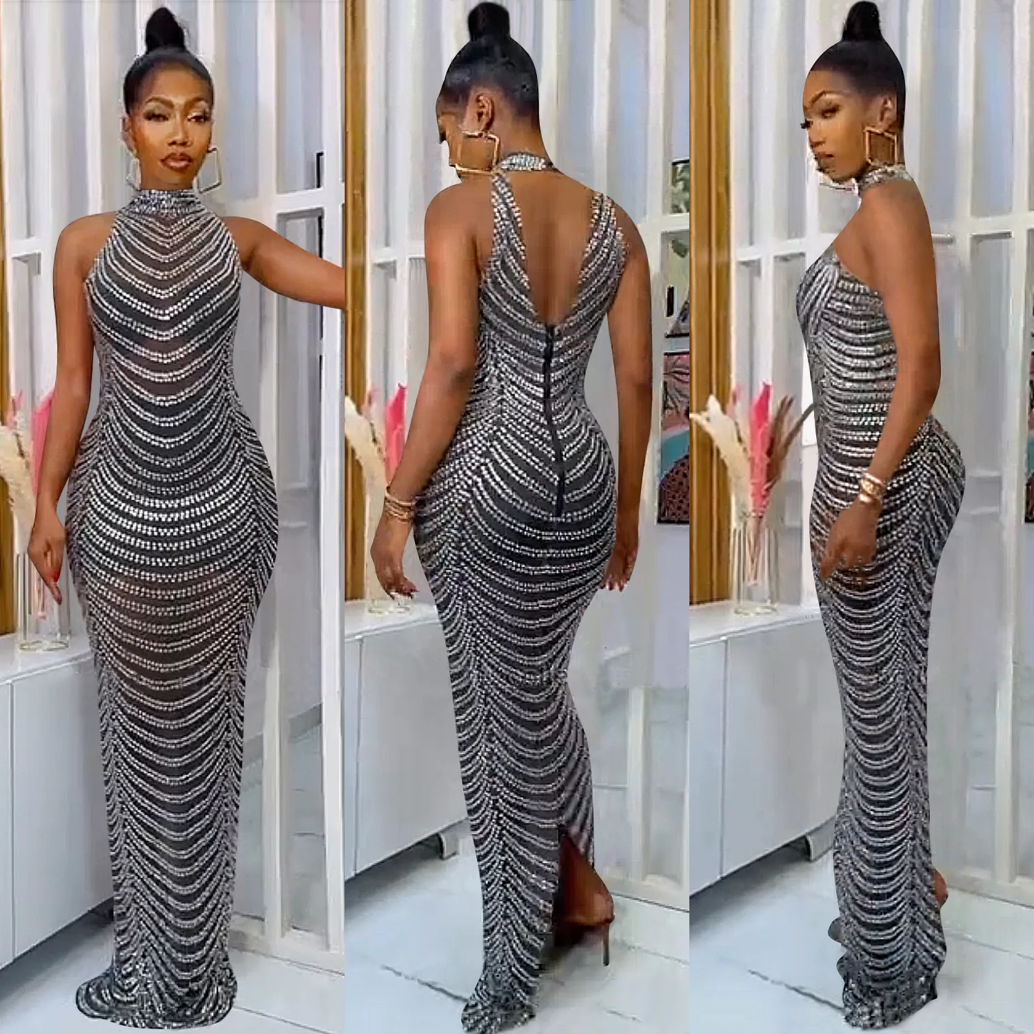 

Sexy Club Blackless Evening Bodycon Dress Diamond Glitter Hollow Out Elegant Long Dresses for Women Party See Through Mesh Robe