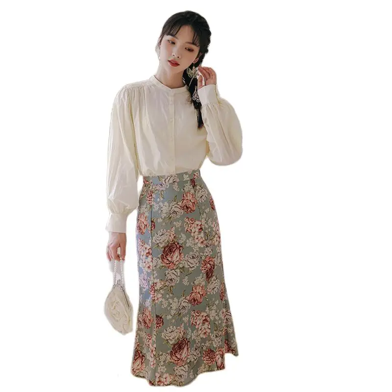 

2022 New French Elegant Lantern Sleeve Shirt Rose Print Skirt Set Free Shipping