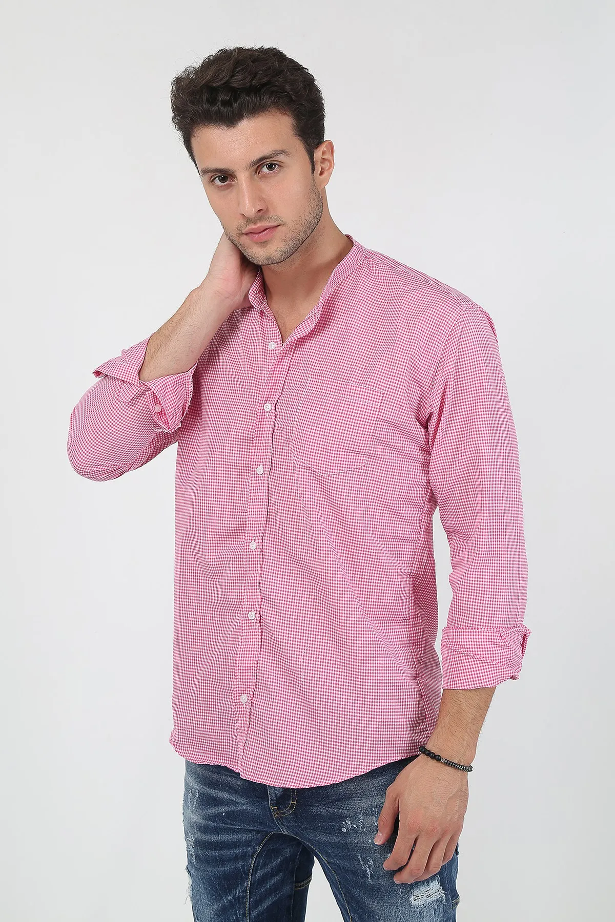 Therapy Men Male Plaid Crew Neck Long Sleeve Shirt 21Y-4300597-2 Pink