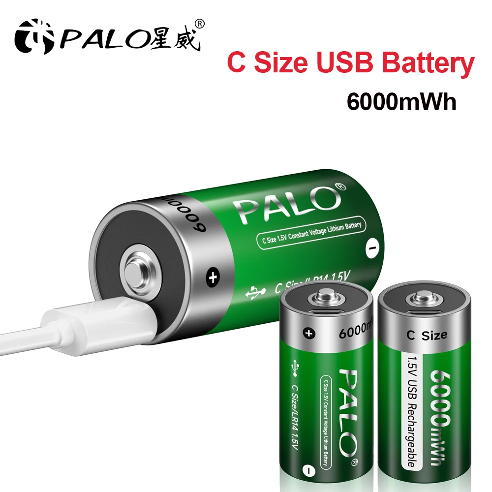 Фото Аккумулятор PALO 1.5V R14 LR14, литиевый, типоразмер C, с зарядкой через USB, для водонагревателей, фонариков, газовых плит, Li-ion №2