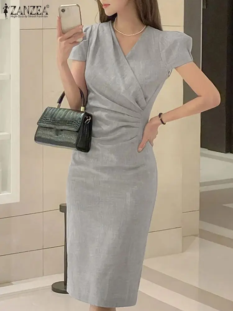 ZANZEA женский офисный сарафан летнее однотонное платье с короткими рукавами