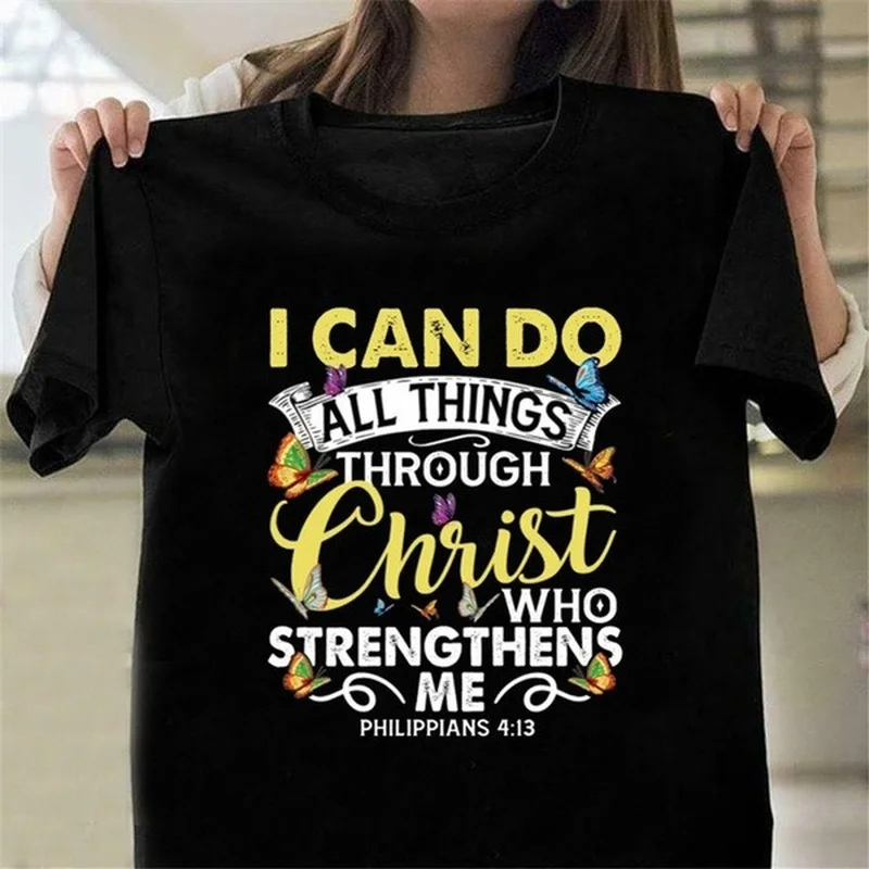 

I Can Do All Thing Through Christ Print Women T Shirt Short Sleeve O Neck Loose Women Tshirt Ladies Tee Shirt Camisetas Mujer