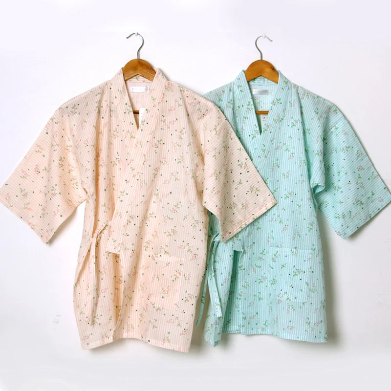 2PC Womens Pajamas Shorts Set Summer Yukata Cute Print Short Sleeve Cotton Komono Robe & Shorts Pijama Set