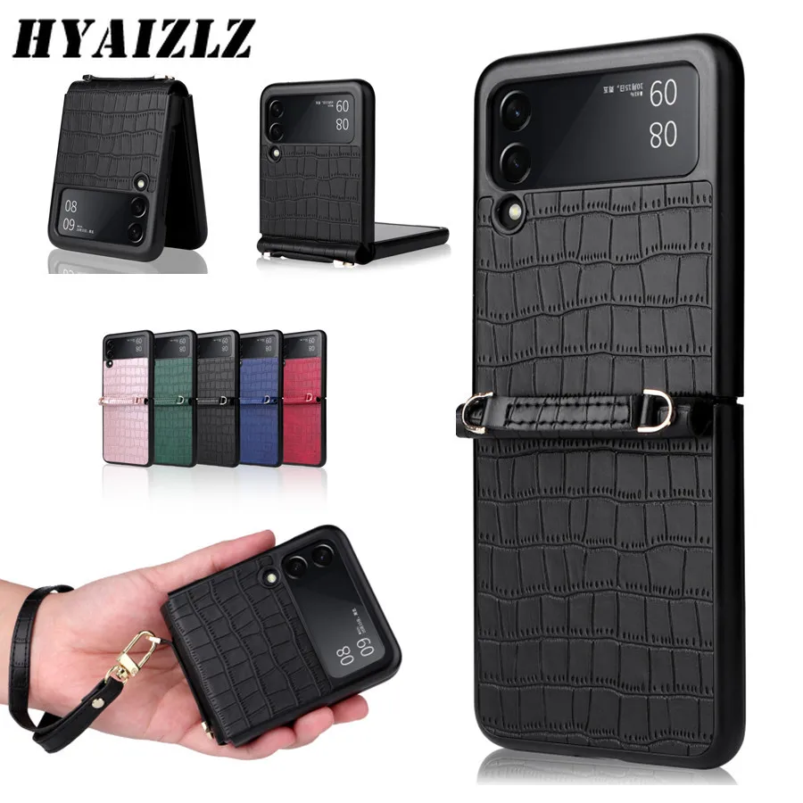 

Z Flip 3 Leather Case with Lanyard Protection Cover for Samsung Galaxy Z Flip 3 5g Fashion Crocodile Pattern Ultra Slim Coque