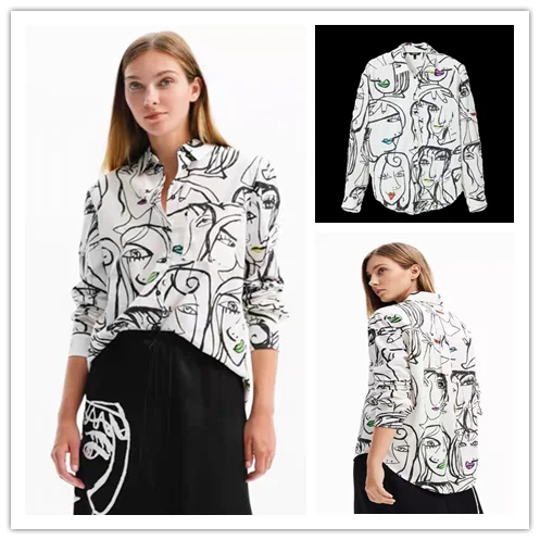 Foreign trade original single Spanish fashion new casual printed hand-painted face cotton slimming ladies shirt