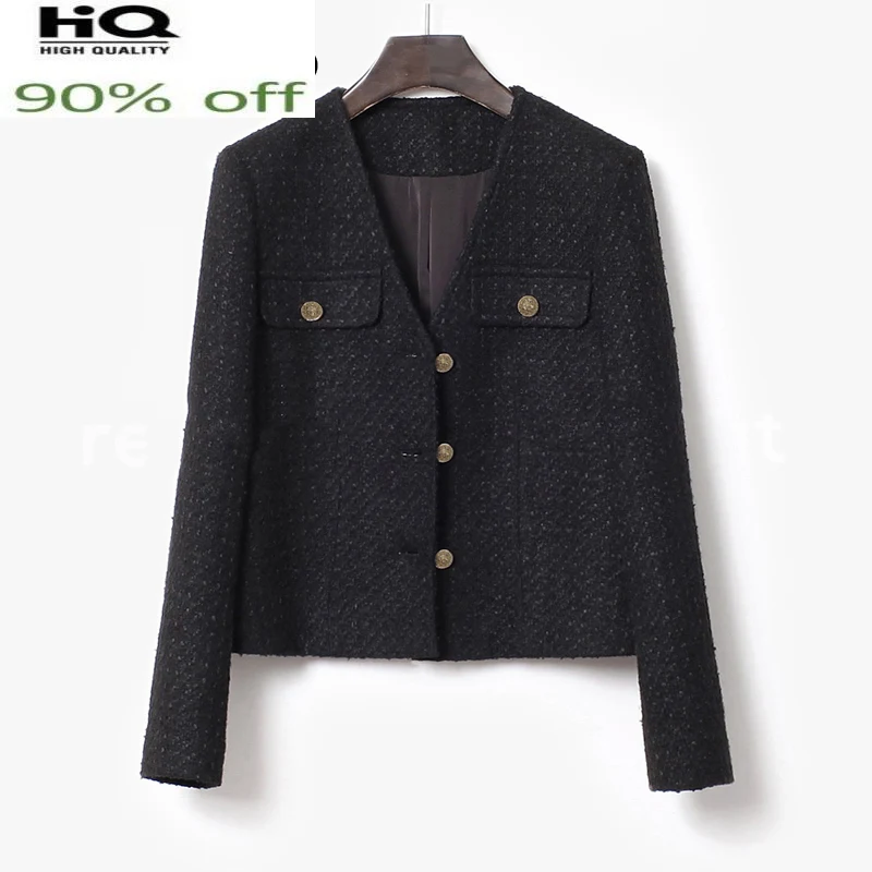 

tweed Black autumn / winter coat classic Ladies new One piece women's jacket