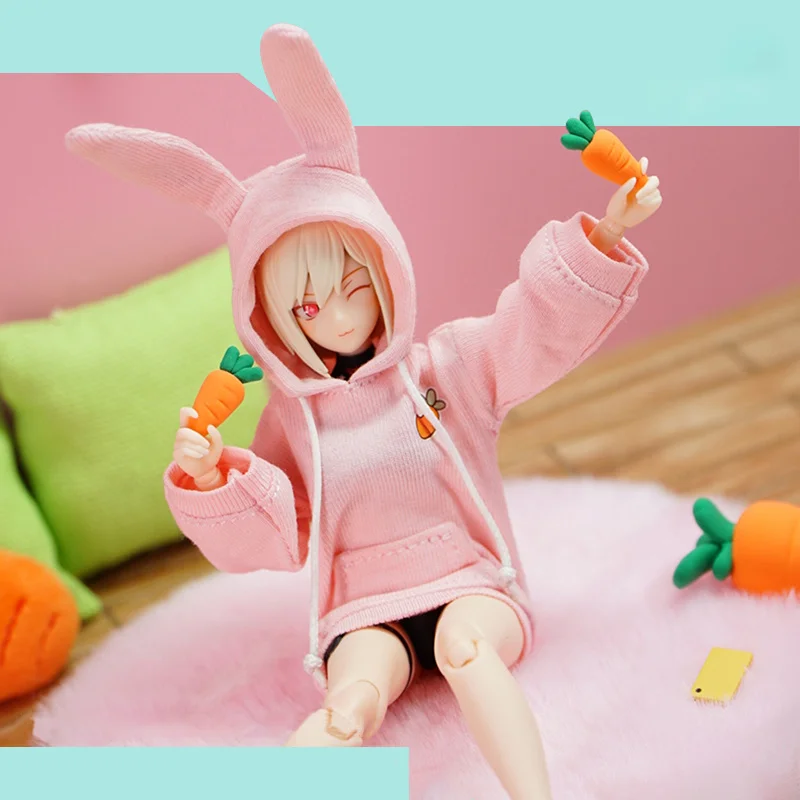 

6inch 2023 Original 1/12 Female Soldier Hooded Cherry Pink Rabbit Sweater Cute White Rabbit Slippers For Shf Mobile Suit Girl