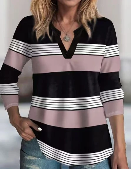 

Striped Top 2023 Autumn Fashion Commuting Pullover Long Sleeves Loose Fitting V Shaped Collar Casual Style T Shirt for Women