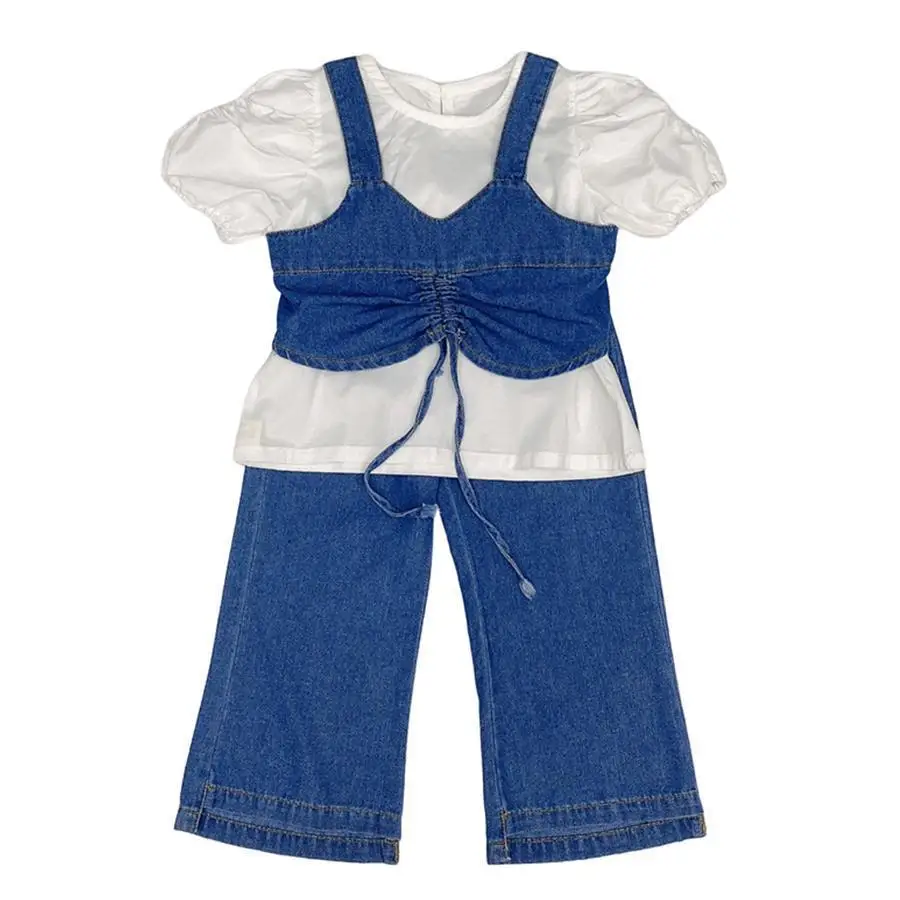 

Girls suit summer new little girl denim suit shirt plus suspenders wide leg pants three-piece suit Children Clothes Temperament