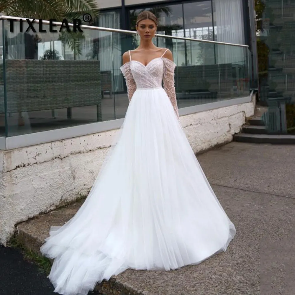 

TIXLEAR Elegant Sweetheart Spaghetti Straps Wedding Dress Off-the-shoulder Tulle Bridal Gowns Lace Appliques Vestido De Noiva