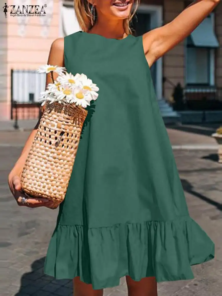 

ZANZEA Summer Women Sleeveless Dress Bohemian O Neck Ruffle Hem Sundress Casual Holiday Mini Vestidos Retro Kaftan Robe Femme