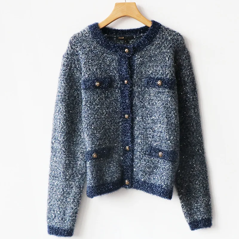 

Fashionable and Elegant Spring and Autumn Knitted Coat Round Neck Sequin Long Sleeve Cardigan Short Wool Sweater
