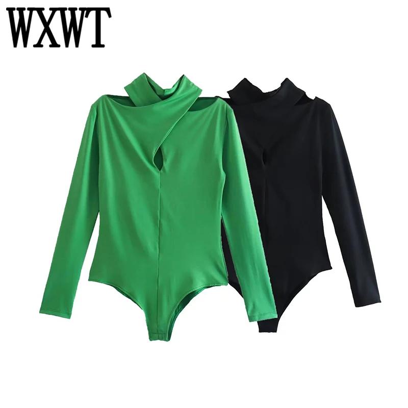 

WXWT Women Solid Cross Halter Bodysuit Casual Sexy Slim Jumpsuit Romper Spring Female Long Sleeve Tops XQJ9449