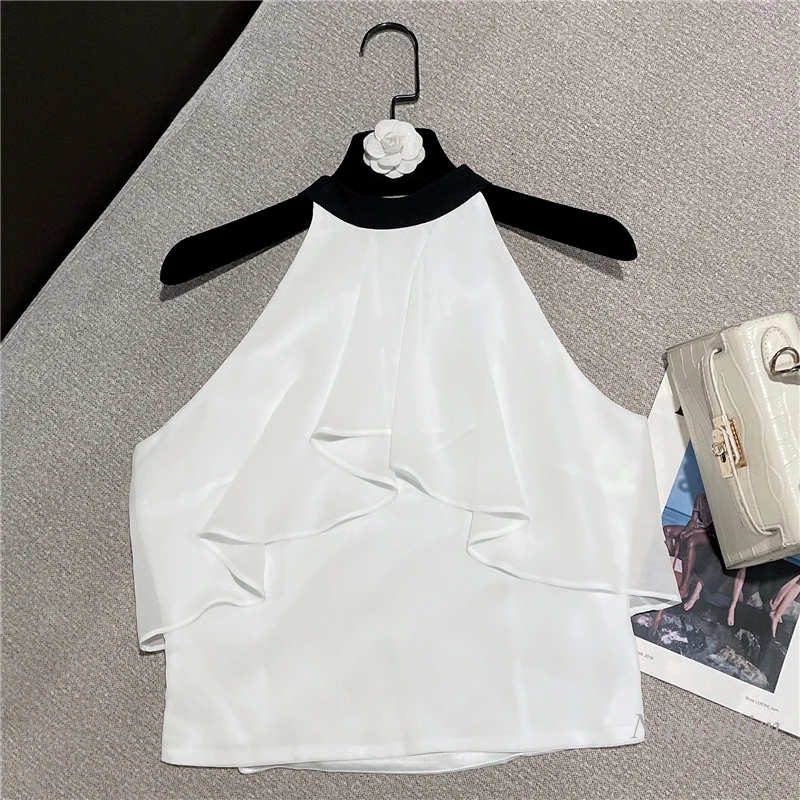 

2022 Summer New Simple White Blouse Women New Sexy Sleeveless Chiffon Shirt Crop Top Ladies High Waist Vacation Blusas