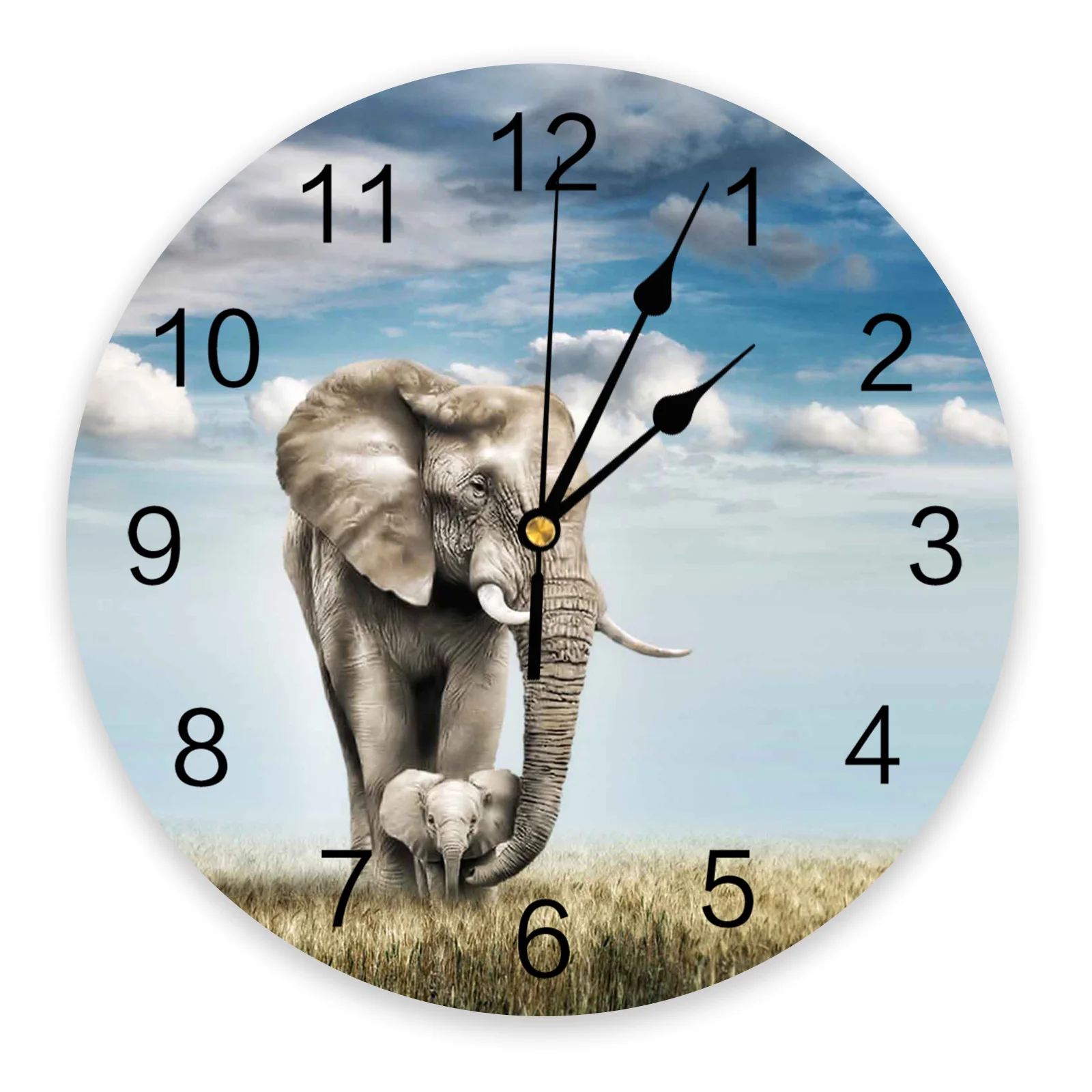

Animal Elephant Grassland Wall Clocks Living Room Decoration Clock Wall Art Silent Round Wall Watch for Home Decor
