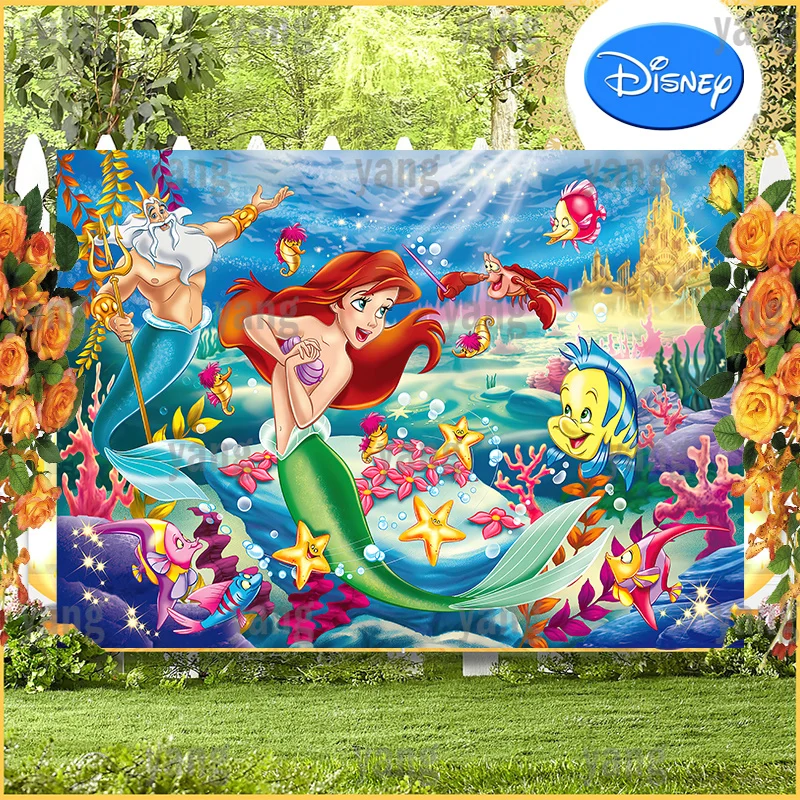 DIY Red Hair Princess Disney Golden Castle Colorful Starfish Background Little Mermaid Girls Baby Shower Birthday Party Backdrop