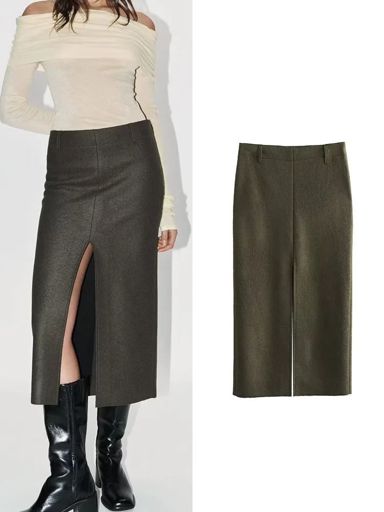 

TRAF Elegant Temperament Woolen Skirt for Women 2023 Vintage Split Design Thicked Warm Skirts Chic Winter Straight Skirt