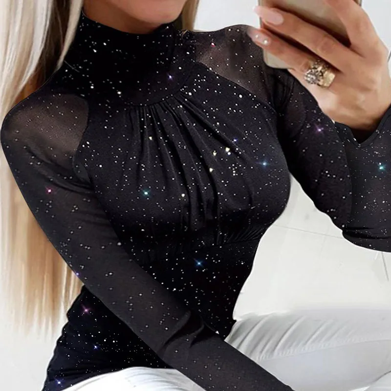 

New Plus Size Fake Crystal Patch Women's High-neck Gauze Long-sleeved T-shirt High Street Long-sleeved All-match Fashion Top