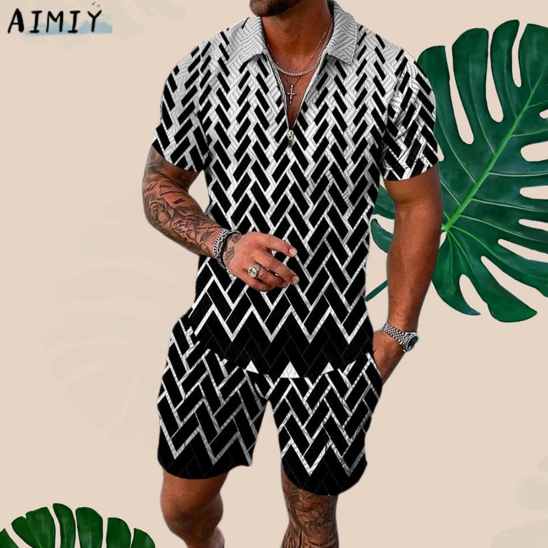 Men's Summer Tracksuit Fashion Turn Down Collar Zipper Polo Shirt+Shorts Sports Jogging Suit Casual Stylish Sweatersuit Set Top