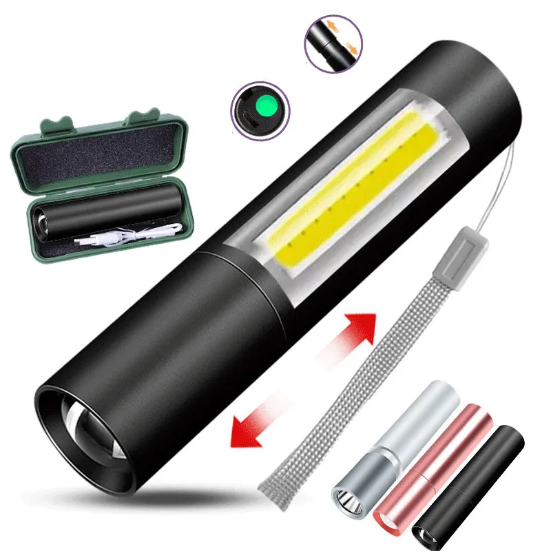 

New Mini LED Flashlight COB Portable USB Charging Aluminum Alloy Telescopic Focusing Flashlight Waterproof Strong Light Fishing