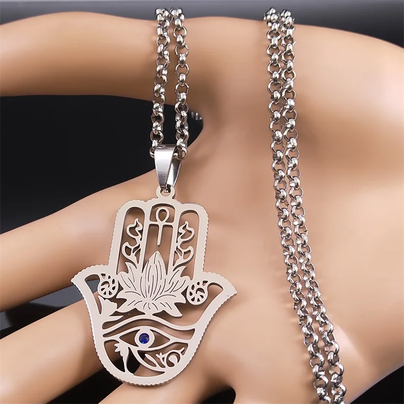 Ожерелье Хамса С Цветком Лотоса Рук Фатима Женский Серебряный Кулон Из