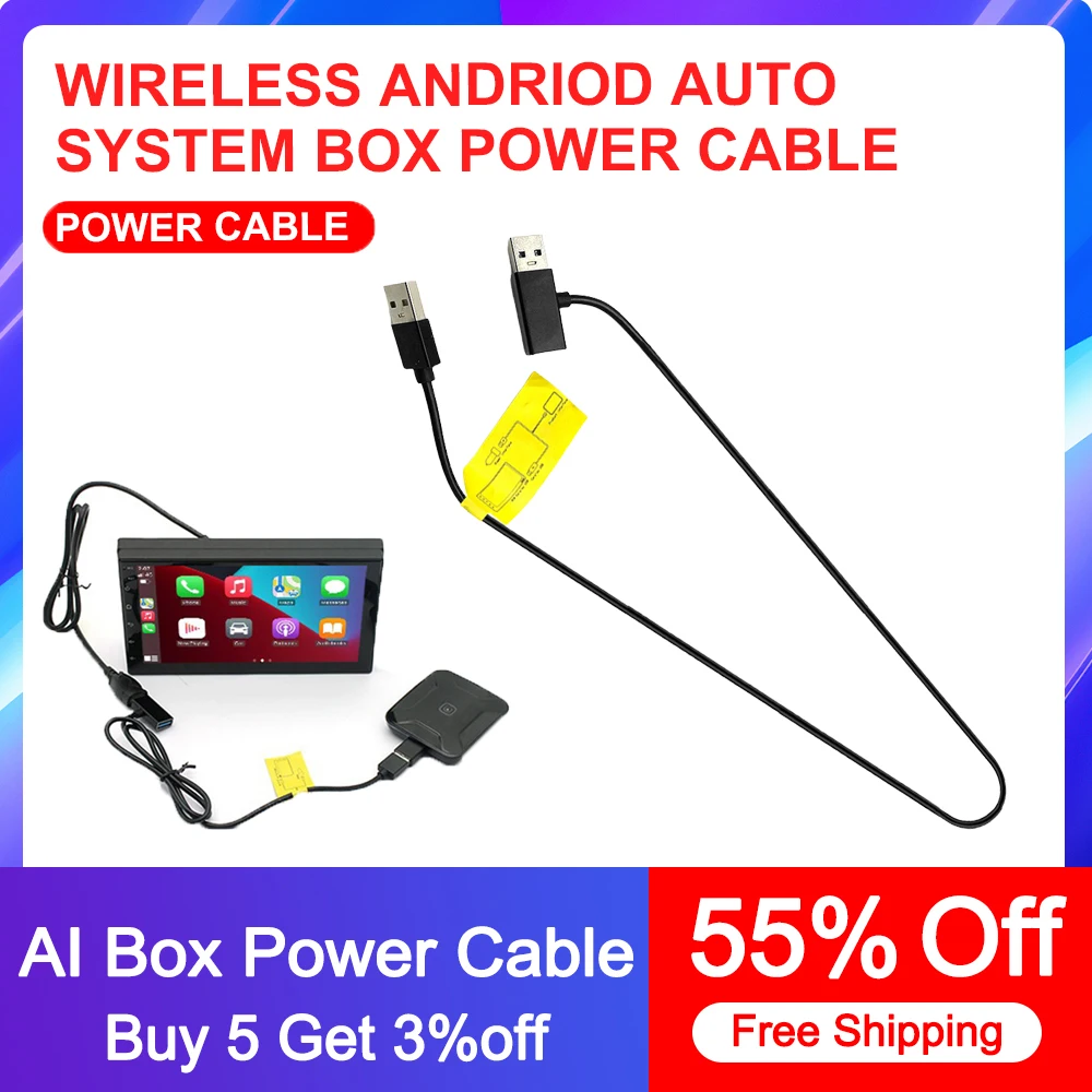 

Кабель питания CarPlay Ai Box, 12 В, автоматический конвертер Android, двухточечный провод, предотвращает перезапуск, стабильный источник питания с USB-портом